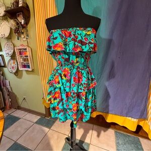 Poetry 🌺 Tropical Floral Ruffled Tiered Strapless Rayon Mini Smock Waist Dress 🌺